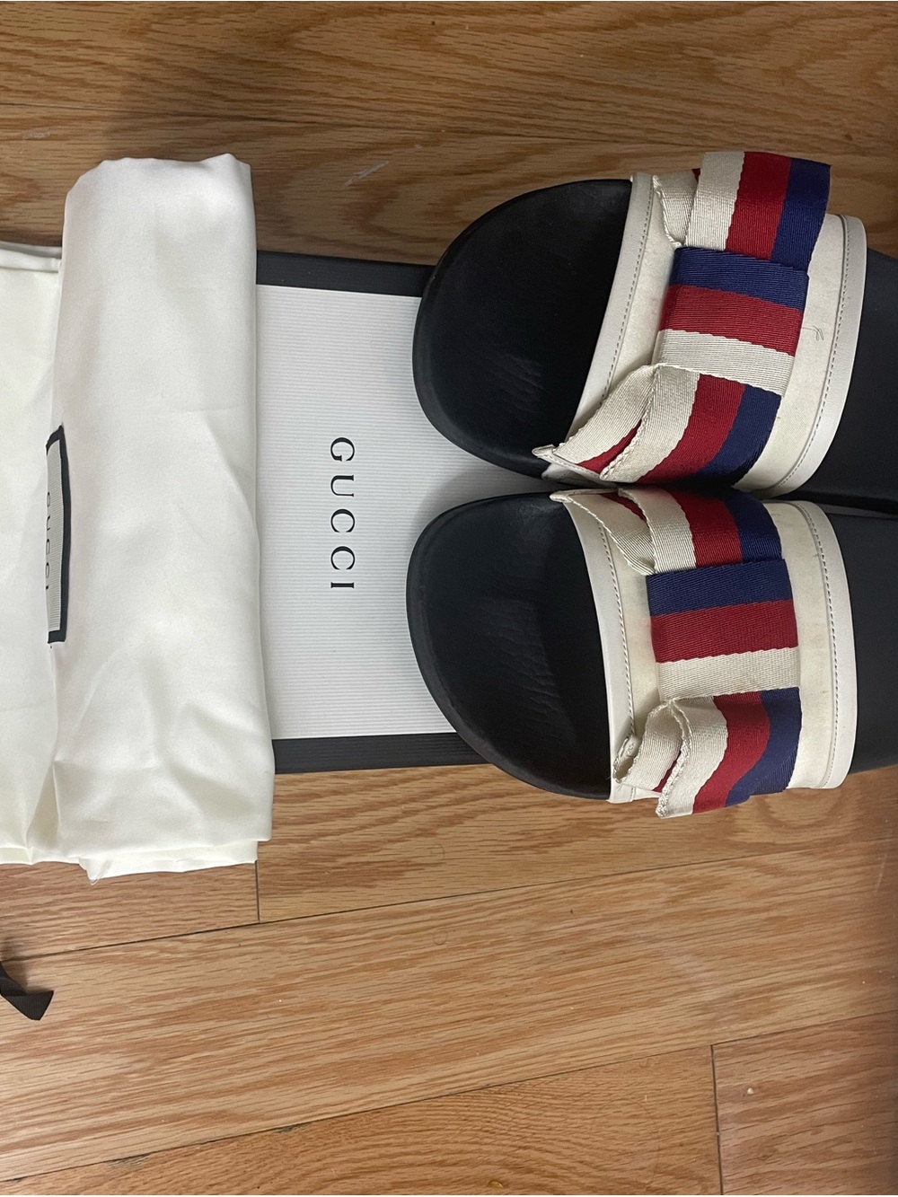 Gucci Woman Navy & Red Striped Slide Sandals with White Trim